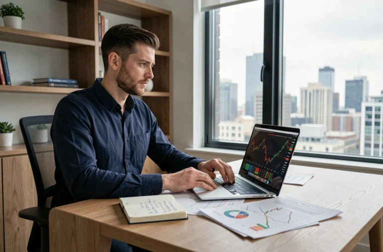 Un trader débutant concentré devant des graphiques financiers sur un bureau moderne dans un bureau à domicile épuré