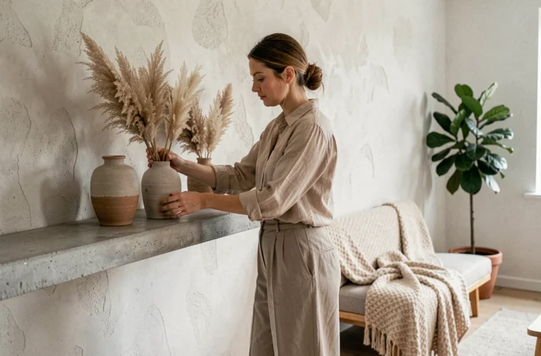 Femme arrangeant des vases en céramique et herbes de la pampa sur une étagère en béton dans un salon au style scandinave épuré