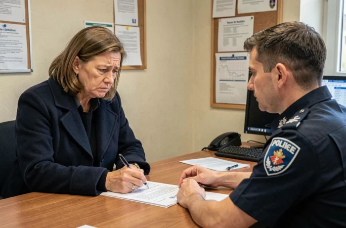 Une femme dépose plainte pour vol dans un commissariat de police face à un agent en uniforme