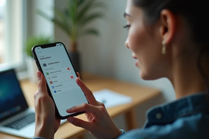 Femme désactivant les notifications non prioritaires sur son smartphone dans un bureau épuré pour améliorer sa concentration