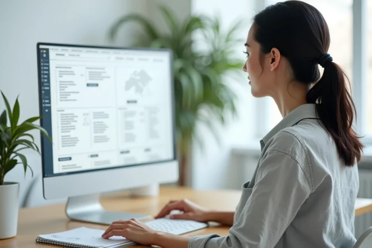 Designer UX analysant la structure de navigation d'un site web sur un écran d'ordinateur avec wireframes et hiérarchie de pages