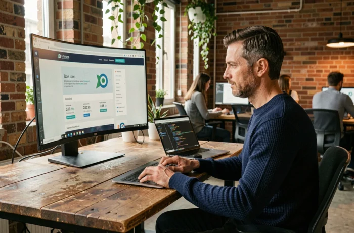 Designer web masculin concentré travaillant sur une refonte de site web dans un espace de co-working moderne au Luxembourg