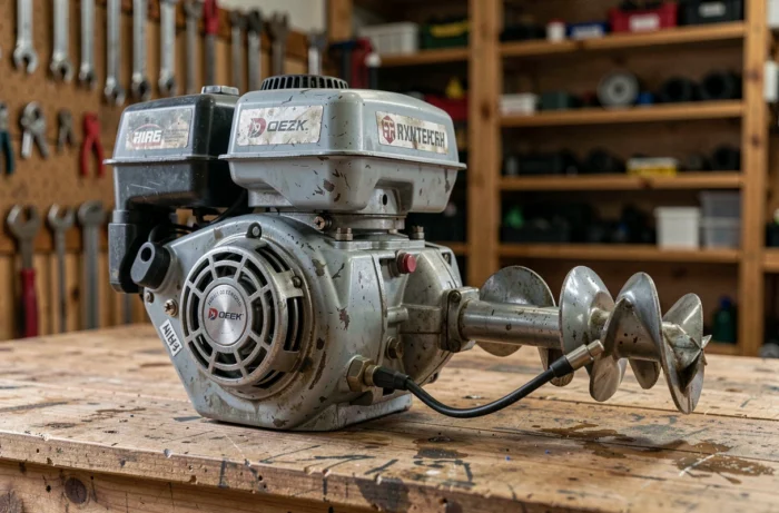 Détail du moteur et de la mèche d'une tarière thermique posée sur un établi d'atelier