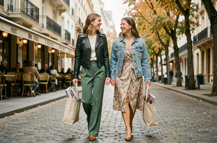 Deux femmes stylées marchant dans une rue pavée européenne en arborant des tenues tendance contrastées pour la nouvelle saison