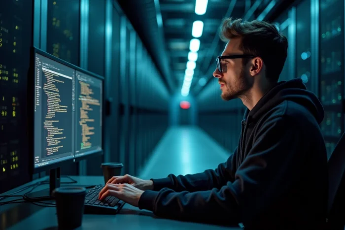 Un développeur travaillant sur des algorithmes d'intelligence artificielle dans une salle de serveurs lors d'un projet de transformation digitale