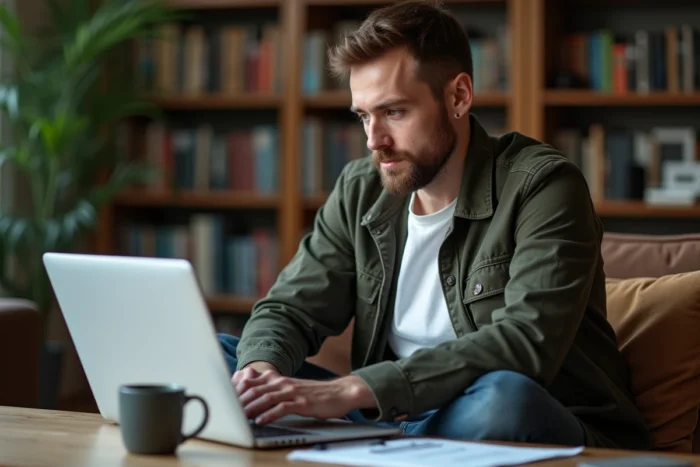 Développeur web analysant l'audit de navigation et le plan de site depuis son espace de travail à domicile sur laptop
