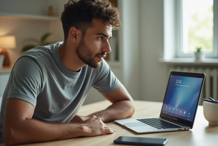 Homme analysant les différences entre un Samsung Galaxy A et un Galaxy S posés sur un bureau minimaliste