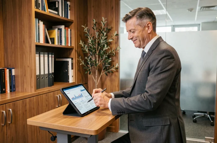 Dirigeant masculin consultant un portail d'actualités économiques sur tablette dans un bureau exécutif en bois
