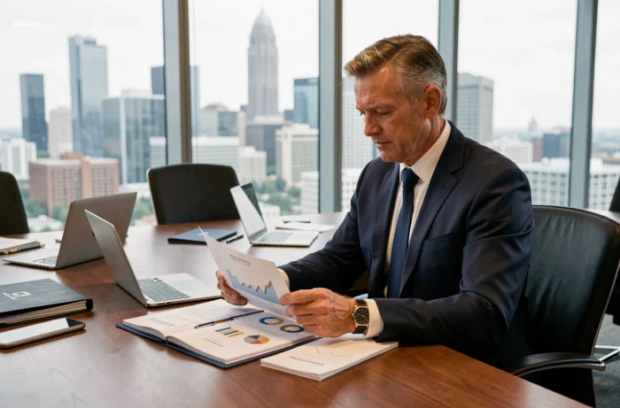 Dirigeant d'entreprise analysant des rapports financiers dans une salle de réunion moderne avec vue sur la ville