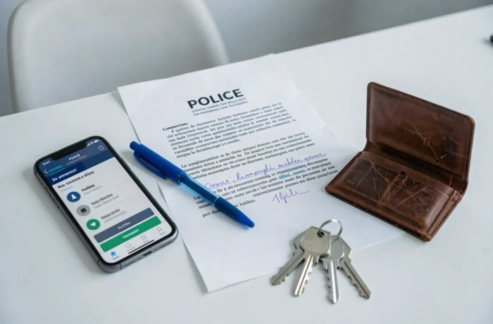Documents et objets symbolisant une plainte pour vol : formulaire, téléphone, portefeuille vide et clés