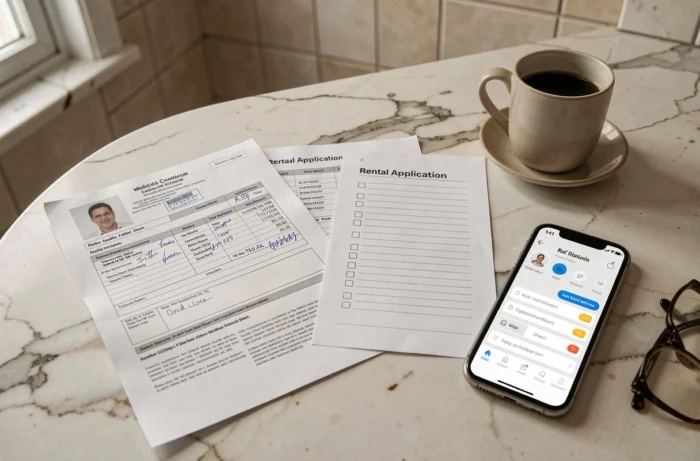 Vue aérienne d'un dossier de location étalé sur une table avec documents d'identité, fiches de paie et smartphone affichant une plateforme de location