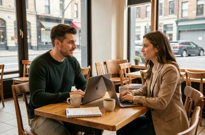 Deux jeunes professionnels échangeant sur leurs stratégies de recherche d'emploi en ligne dans un café