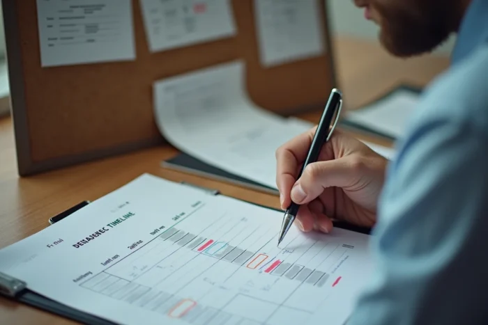 Homme fixant des échéances réalistes avec des marges intégrées en dessinant un calendrier de projet avec des zones tampons visibles
