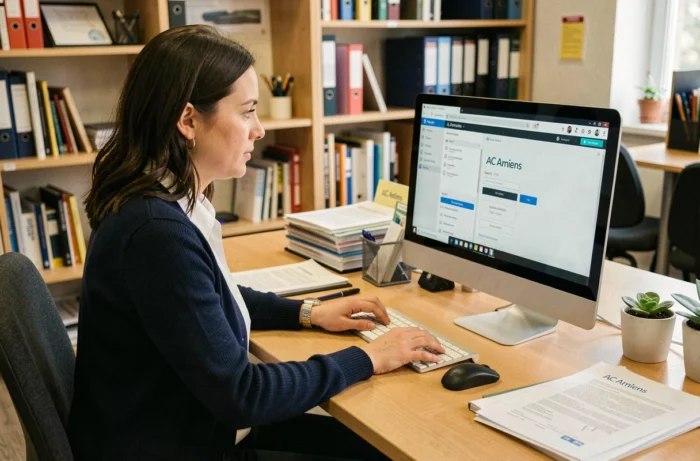 Enseignante connectée à l'intranet AC Amiens sur son ordinateur de bureau dans un bureau administratif scolaire