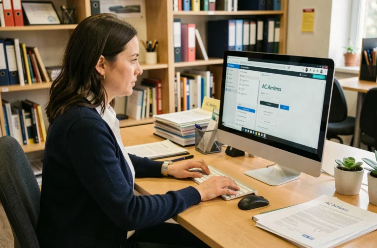 Enseignante connectée à l'intranet AC Amiens sur son ordinateur de bureau dans un bureau administratif scolaire