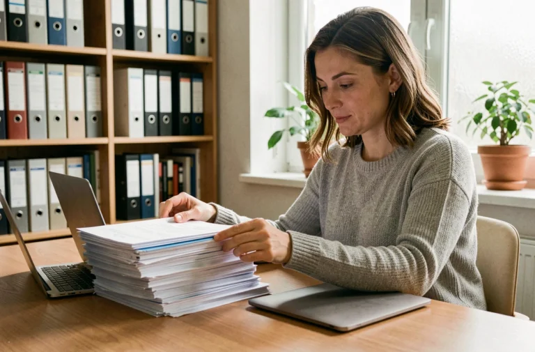 Femme organisant des documents administratifs pour les envoyer à Pôle emploi depuis son bureau à domicile