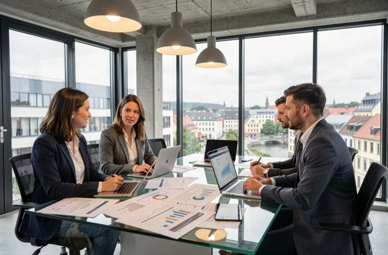 Équipe d'une agence web au Luxembourg en réunion autour d'une table en verre avec rapports d'analyse et ordinateurs portables affichant des tableaux de bord de sites web