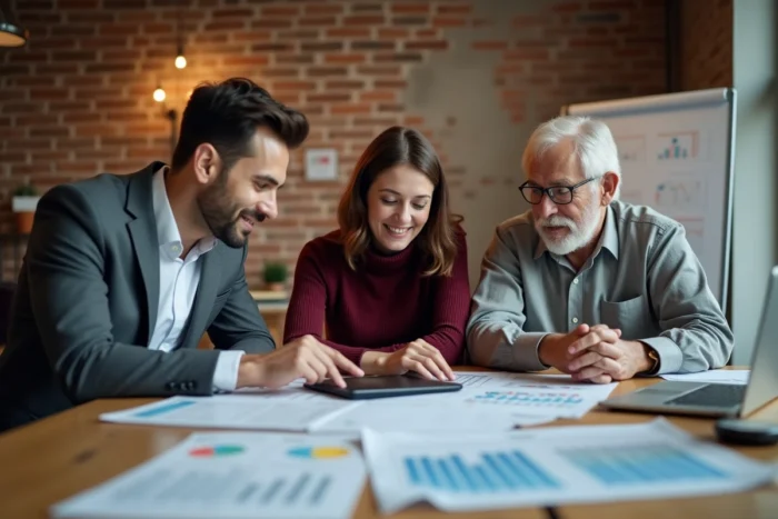 Une équipe de professionnels collaborant autour de données d'intelligence artificielle lors d'une réunion de transformation digitale en entreprise