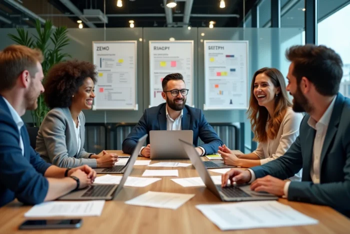 Équipe marketing discutant des stratégies SEO autour d'une table de réunion