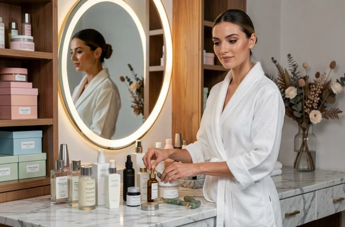 Femme organisant ses essentiels beauté sur une coiffeuse en marbre avec une sélection de produits de soin haut de gamme