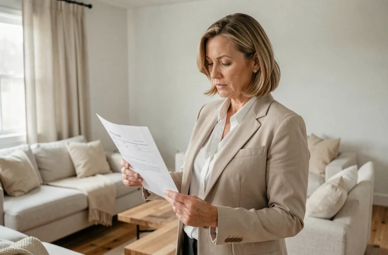 Femme estimant le prix de sa maison en consultant un document d'évaluation immobilière dans un salon moderne