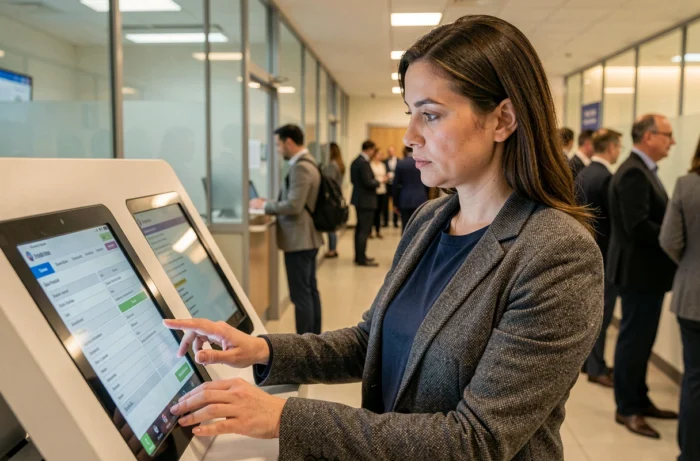 Femme utilisant un terminal numérique dans un centre administratif pour accéder à ses droits en ligne