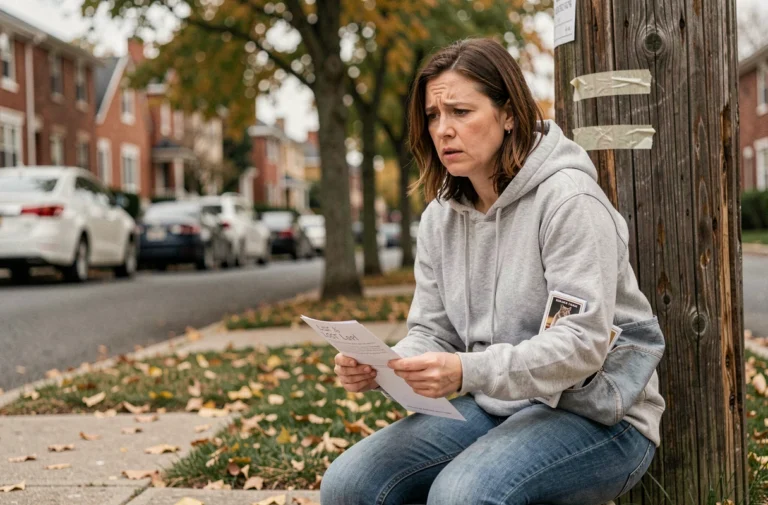 Femme accrochant une affiche de chat perdu sur un poteau dans une rue résidentielle en automne