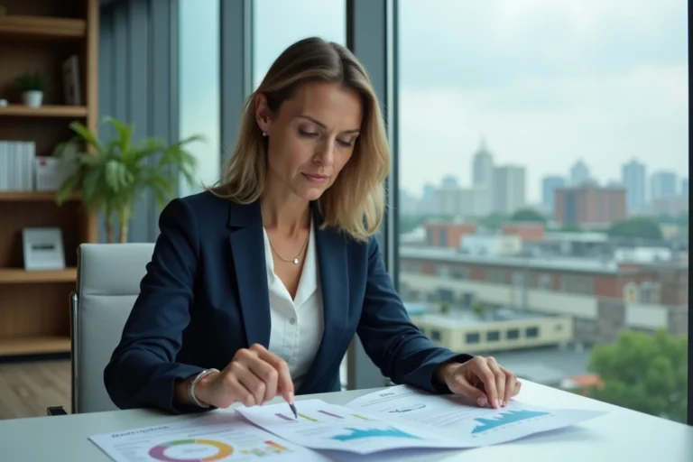 Femme professionnelle analysant des documents d'investissement socialement responsable dans un bureau moderne avec vue sur la ville