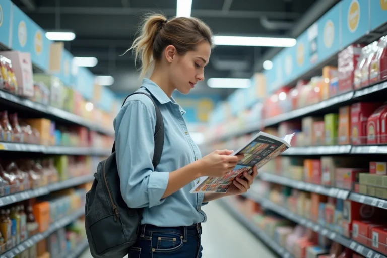 Femme consultant le catalogue Leclerc rentrée 2026 dans un rayon de grande surface rempli de fournitures scolaires