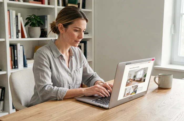 Femme consultant l'index en ligne du magazine Perspective Maison sur son ordinateur portable dans un bureau à domicile moderne