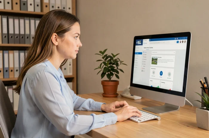 Femme débutante naviguant sur un portail administratif en ligne depuis son bureau à domicile