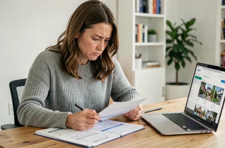 Femme examinant un dossier de location sur papier avec une expression préoccupée, assise à un bureau à domicile