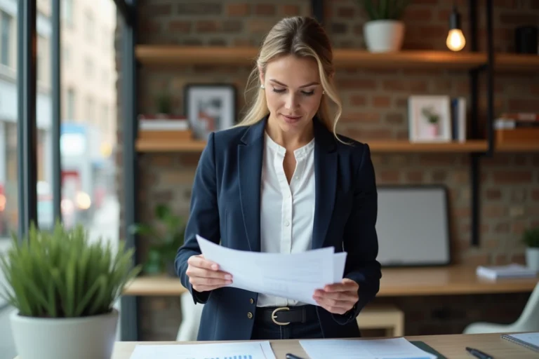 Femme entrepreneure en blazer marine analysant des documents business dans un espace de coworking moderne