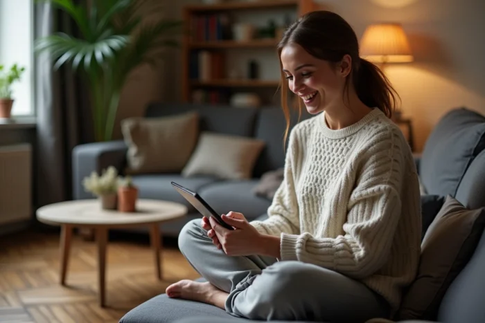 Femme souriante sur un canapé consultant du contenu humoristique sur une tablette dans un appartement parisien