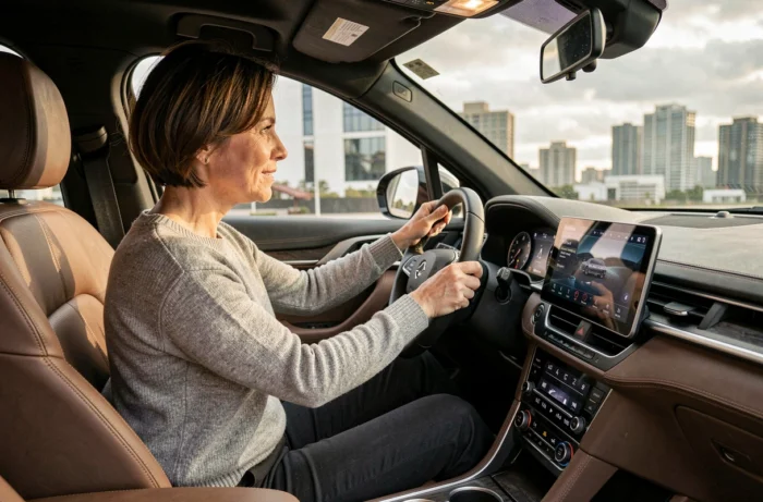 Femme explorant le tableau de bord numérique et l'intérieur premium d'un SUV contemporain