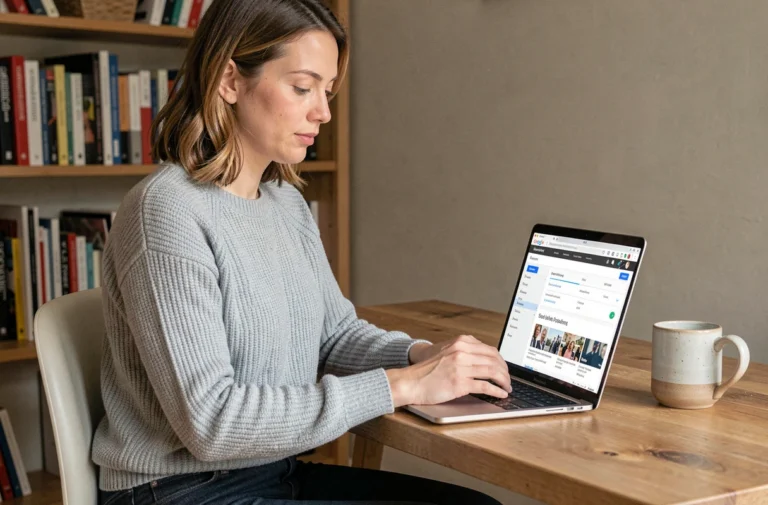 Femme consultant le plan du site Carré Presse sur un ordinateur portable dans un bureau à domicile