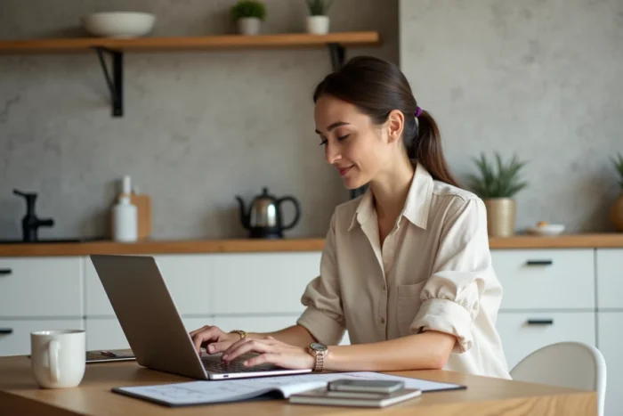 Femme utilisant un outil de planification de rénovation sur laptop dans une cuisine scandinave moderne