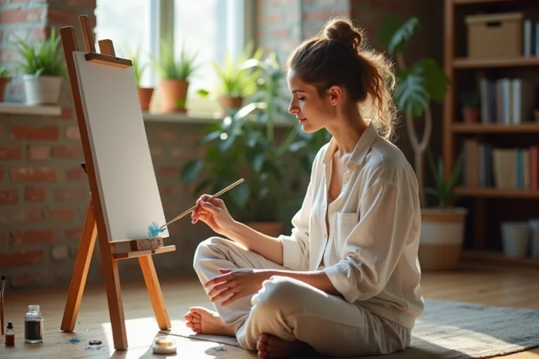 Femme peignant à l'aquarelle sur le sol de son salon décoré avec des plantes et des murs en brique apparente