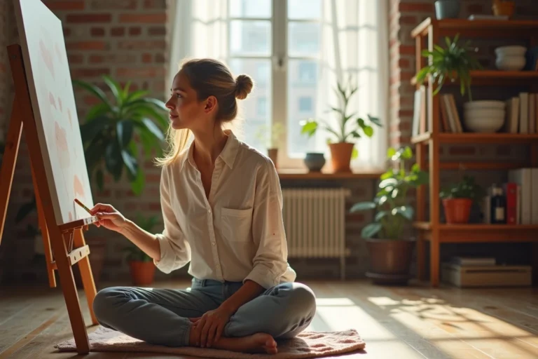 Femme adulte peignant sur toile dans un atelier artistique chaleureux, activité créative en intérieur pour occuper son temps libre