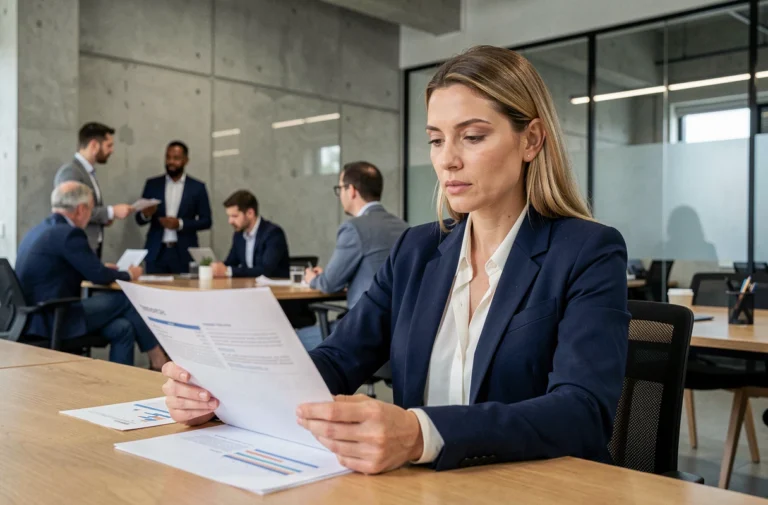 Femme cadre intermédiaire en réunion professionnelle dans un bureau moderne, exprimant confiance et autorité