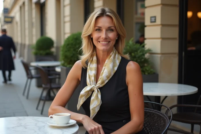 Femme élégante en robe noire avec foulard en soie à motifs géométriques ivoire et or dans un café parisien