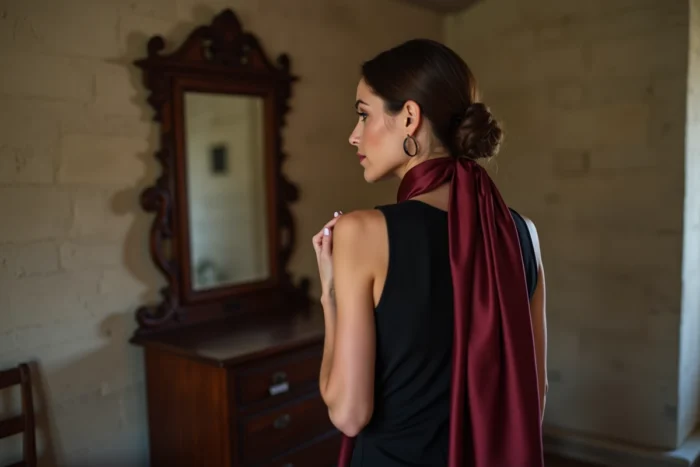 Femme en robe noire midi ajustant un foulard en soie bordeaux devant un miroir dans un appartement parisien