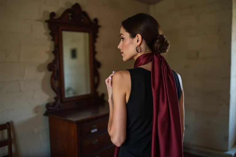 Femme en robe noire midi ajustant un foulard en soie bordeaux devant un miroir dans un appartement parisien