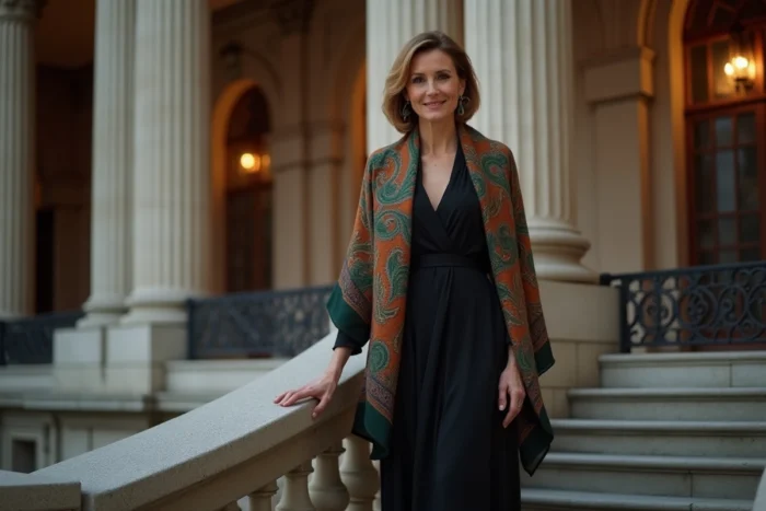 Femme élégante en robe noire longue avec foulard cachemire paisley terracotta sur les marches d'un opéra européen