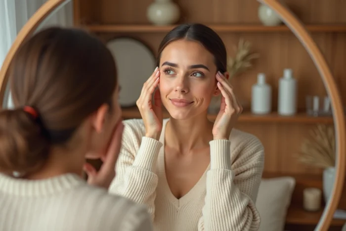 Femme appliquant un sérum de soin sur son visage devant un miroir rond dans une chambre cosy