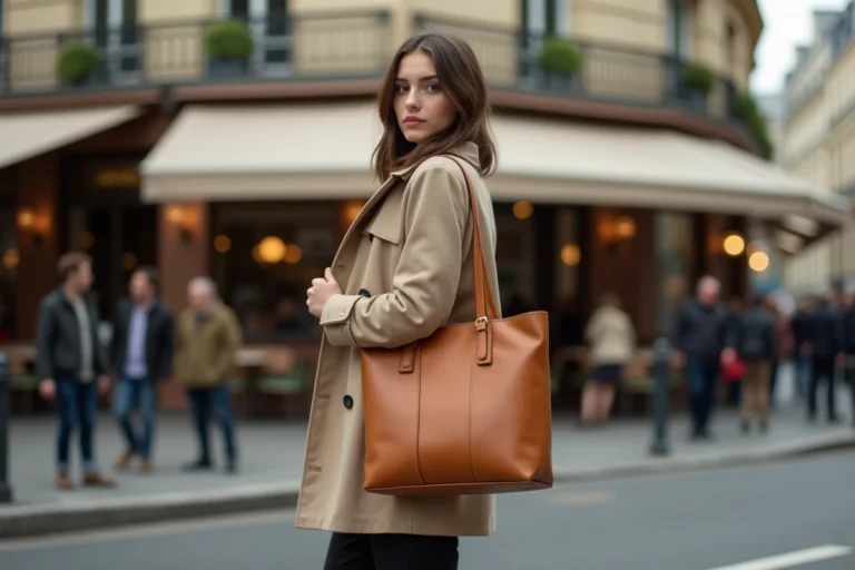 Jeune femme élégante tenant un sac cabas en cuir camel dans une rue parisienne, tenue chic décontractée