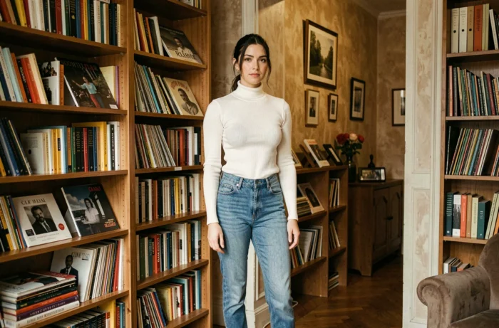 Femme aux cheveux bruns en jean et col roulé blanc devant une bibliothèque dans un appartement parisien