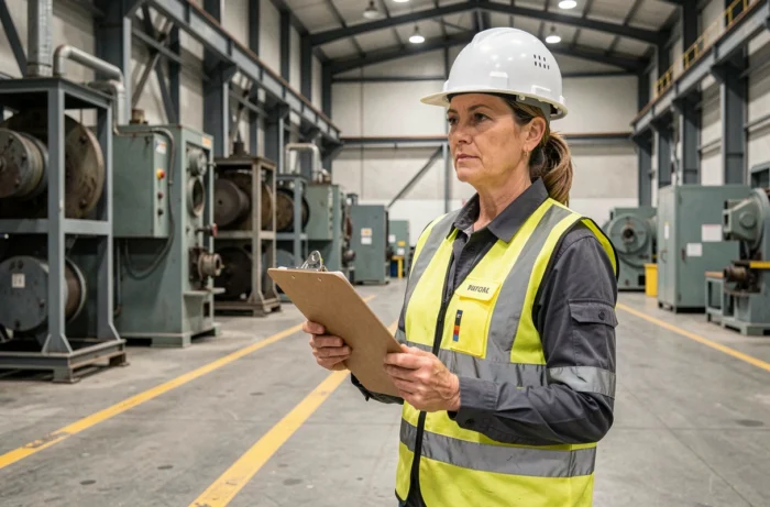 Femme technicienne supervisant une ligne de production industrielle, portant équipements de sécurité et tenant un rapport