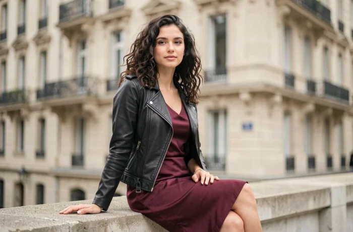 Jeune femme française en veste en cuir et jupe satin bordeaux assise sur un muret dans un quartier parisien haussmannien