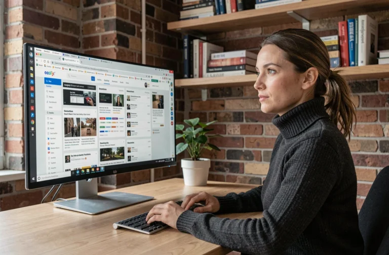 Femme professionnelle effectuant sa veille technologique sur un grand écran avec des flux d'actualités tech dans un bureau moderne